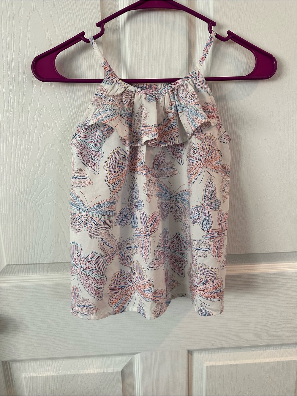 OshKosh B'gosh Cream Butterflies Ruffle Tank with Pink & Blue Print